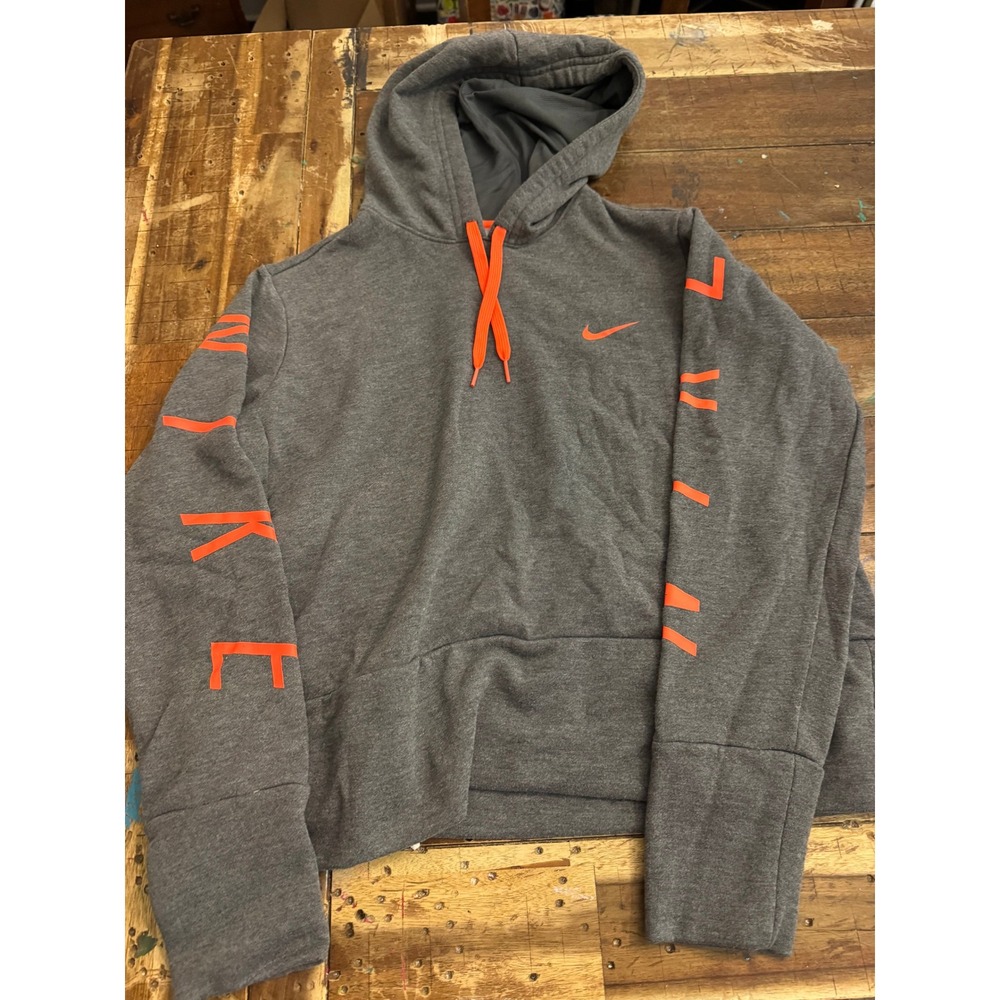 Nike Dri-FIT Hoodie Mens Medium Gray Orange Spell Out Pullover Sweatshirt